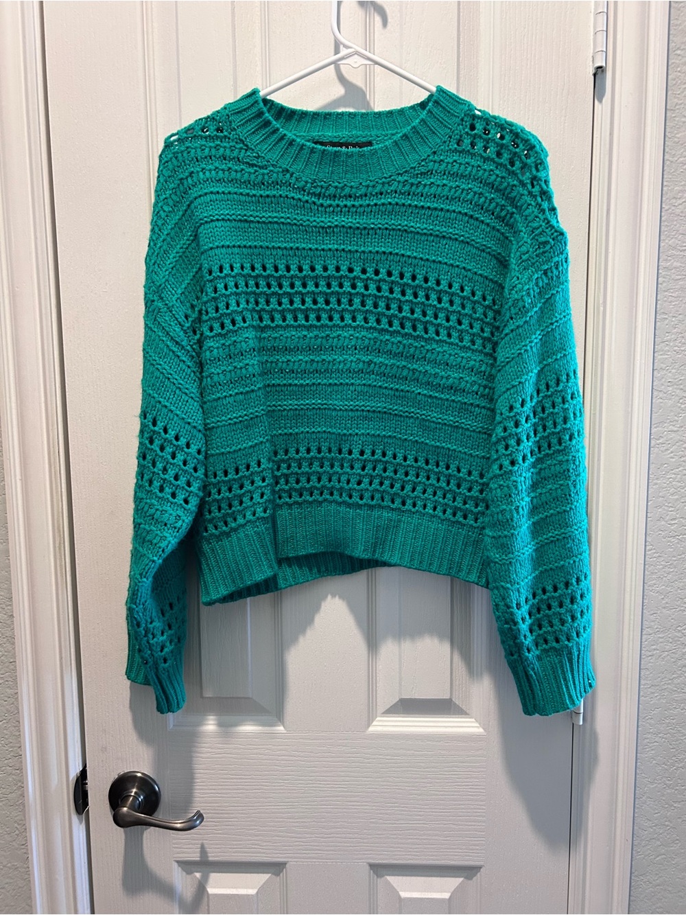 Open Knit Crewneck Sweater in Teal Green